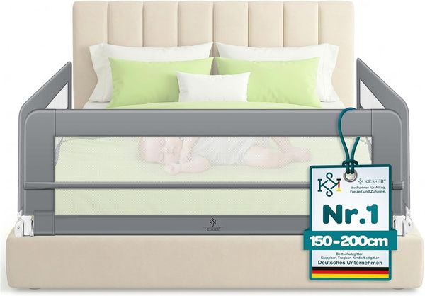 KESSER® Bettgitter 200 cm Bettschutzgitter Kinderbettgitter für Kinder Babybettgitter Klappbar, Tragbar, Kinderbett Kinderbettschutzgitter Rausfallschutz, Bett & Elternbett hoch: 42 cm, Hellgrau