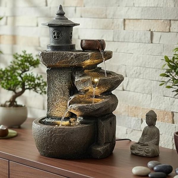 Arnusa Gartenbrunnen Zimmerbrunnen BK851 Springbrunnen Wasserfall Kaskade, Komplettset mit LED Beleuchtung 50 cm Höhe