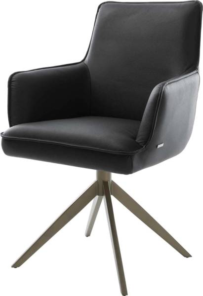 Drehstuhl Heira-Flex mit Armlehnen Echt-Leder Schwarz Kreuzgestell breit Effektfinish Titan 360° drehbar Wippfunktion Taschenfederkern