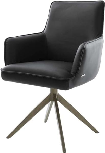 Drehstuhl Heira-Flex mit Armlehnen Echt-Leder Schwarz Kreuzgestell breit Effektfinish Titan 360° drehbar Wippfunktion Taschenfederkern