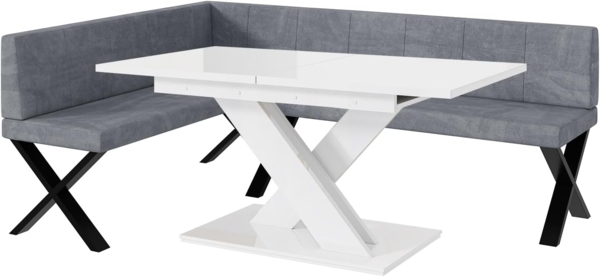 MEBLINI Eckbank für Esszimmer mit ausziehbarem Tisch - Küchenbank - Essecke - Sitzecke Küche - PETER - X-Beine 142 x 196 x 87 cm Links - Grau Samt/B Weiß Hochgl.