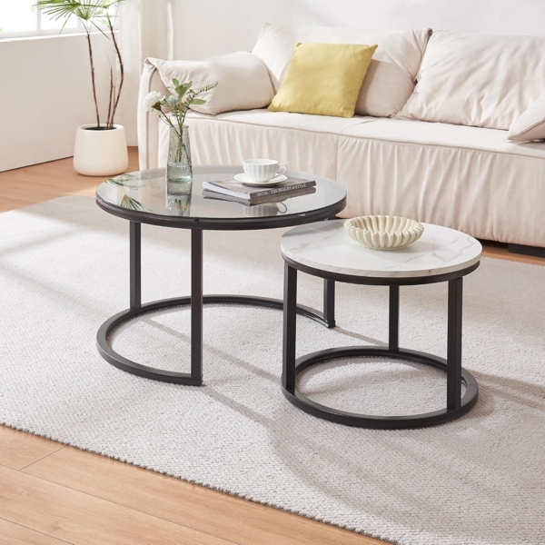 Couchtisch 2er Set Kokkola Rauchglas/Marmoroptik, weiß [en. casa]