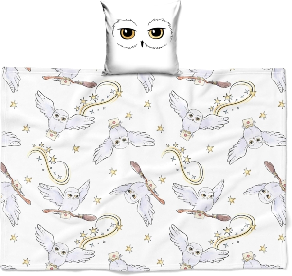 Kinderdecke Harry Potter, 2-in-1 Set, Kissenbezug und Flauschdecke, Eule Hedwig, MTOnlinehandel, Fanartikel flauschig, weich & kuschelig, weiß