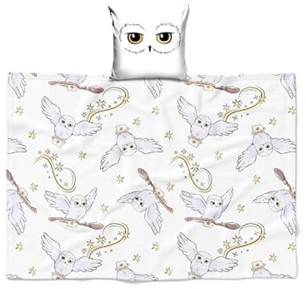 Kinderdecke Harry Potter, 2-in-1 Set, Kissenbezug und Flauschdecke, Eule Hedwig, MTOnlinehandel, Fanartikel flauschig, weich & kuschelig, weiß