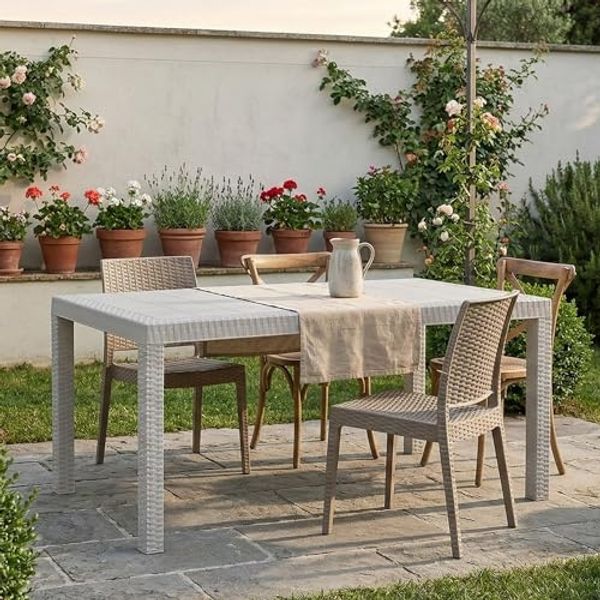 Dmora - Tisch im Freien Giove, rechteckiger Gartentisch, Mehrzweck-Gartentisch in Rattan-Optik, 100% Made in Italy, 150x90h74 cm, Weiß