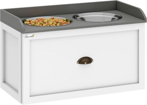 PawHut Futternapf erhöhter Fressnapf mit Schublade, Edelstahl, Weiß 60 x 30 x 36 cm