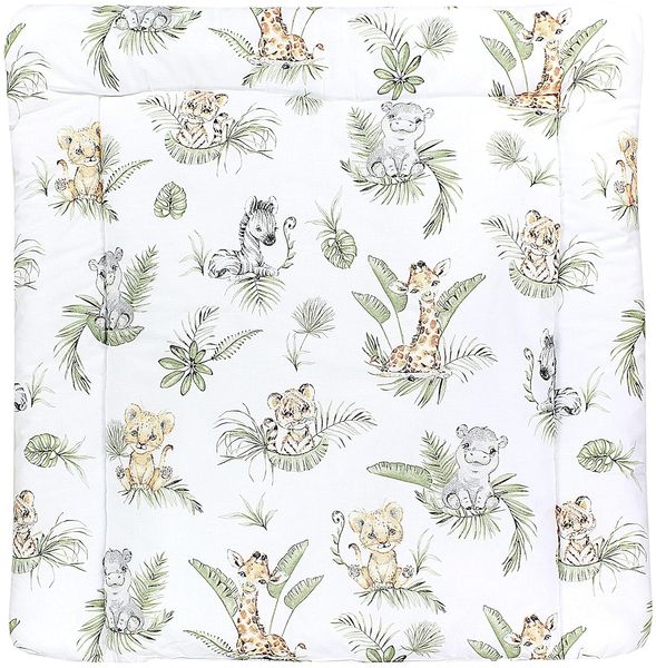 TupTam Baby Wickeltischauflage mit Baumwollbezug Gemustert, Farbe: Safari / Löwe / Braun / Blätter / Grün, Größe: 75x85 cm