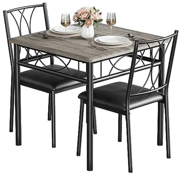 GarveeHome 3-teiliges Esszimmerset für 2 Personen, Quadratisches Holz-Metall-Esstischset mit 2 gepolsterten Stühlen, Landhausgrau – Ideal für kleine Räume & Wohnungen