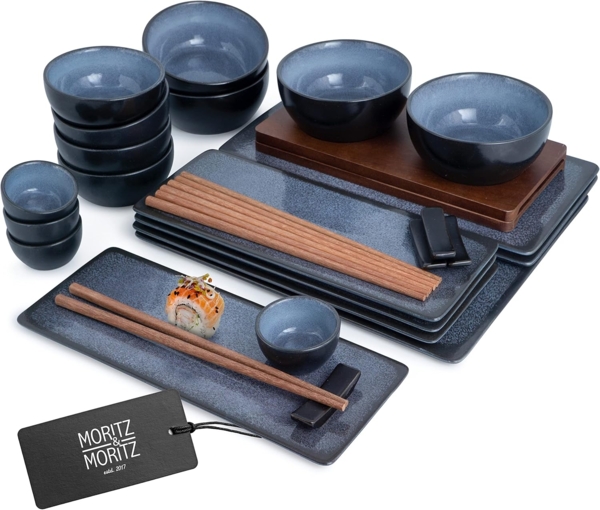 Moritz & Moritz Tafelservice Moritz & Moritz 29tlg Sushi Teller Blau Asia Geschirr Set Digital (33-tlg), 4 Personen, für 4 Personen - 29 Teile