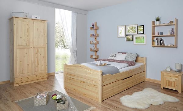 Doppelbett "Leni" 140x200 Kiefer massiv - mit Zusatzbett - natur