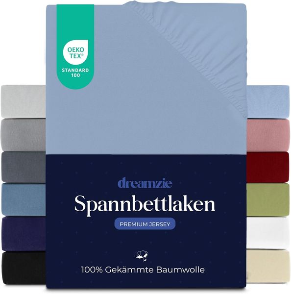Dreamzie Premium Spannbettlaken 100x200 cm, Bettlaken 100% Jersey Baumwolle, Spannbetttuch für Dicke Matratzen bis zu 22 cm, 150 g/m², Oeko-TEX Zertifiziert - Hellblau