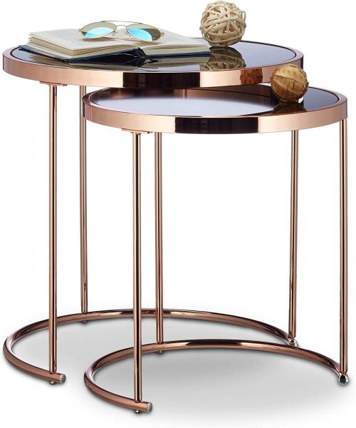 Relaxdays Satztische, verchromt, modernes Design-Schwarzglas, Couchtisch Metall, Kupfer 2er Set Beistelltisch rund Stahl, 50 x 50 x 51 cm