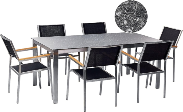 Gartentisch Set COSOLETO GROSSETO Sicherheitsglas Granit Optik 180x90x75 cm Schwarz