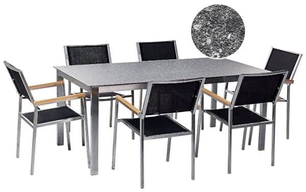 Gartentisch Set COSOLETO GROSSETO Sicherheitsglas Granit Optik 180x90x75 cm Schwarz