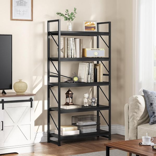 YITAHOME Bücherregal Mit 5 Ebenen - Industrielles Holzregal Mit Metallrahmen, Großes Freistehendes Regal, Präsentationsregal für Wohnzimmer, Heimbüro Schwarz