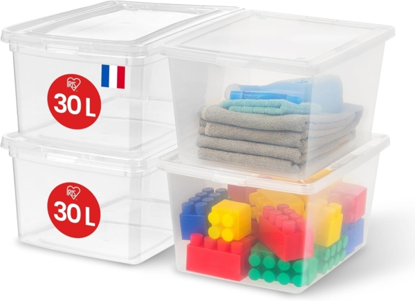 Iris Ohyama, Mehrzweck-Kunststoff-Aufbewahrungsbox, 30L, 4er Set, Transparent, Einfache Verschließung, Stapelbar, für Schlafzimmer, Küche, Büro, Badezimmer, Kleidung, Spielzeug, BPA-frei, CNL-30E
