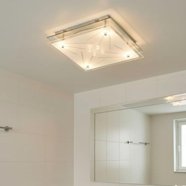 TRANGO LED Deckenleuchte, Dimmfunktion, 3104 Feuchtraum IP44 LED Deckenstrahler 3-Stufen dimmbar für Badezimmer in Eckig *STAR* aus Metall mit Design Motive bedrückt Glas Lampenschirm - 12 Watt warmweiß LED Modul, Deckenlampe, Wandleuchte, Badlampe