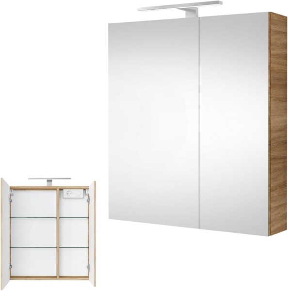 Spiegelschrank Badezimmer mit LED Beleuchtung 60 cm (Sonoma Eiche)