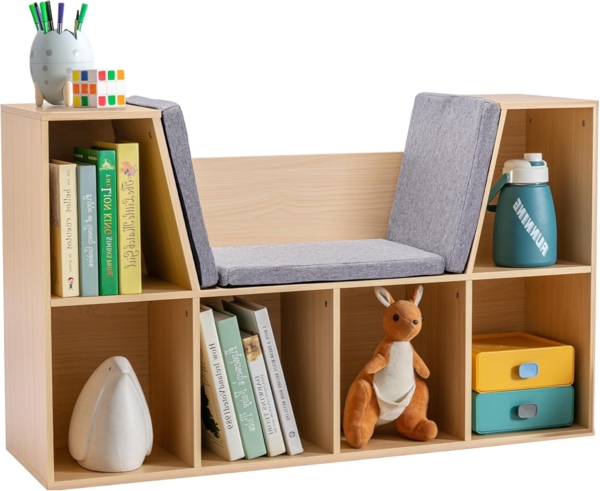 HOMCOM Kinderregal, Bücherregal mit Sitzhocker 1-tlg, mit 6 Fächern, 3 Kissen, für Kinderzimmer, Wohnzimmer, Naturholz