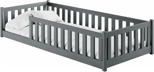 Kids Collective Kinderbett Bodenbett Bett mit Rausfallschutz & Lattenrost Montessori Bett Kinder (weitere Größen 80x180, 90x190, 90x200, 120x200, 140x200 cm), Jugendbett Einzelbett mit Matratze Graphit Kiefer 80x160 cm