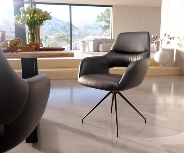 Esszimmerstuhl Yago-Flex mit Armlehnen Echt-Leder Schwarz Kreuzgestell konisch Schwarz Taschenfederkern Bild 2