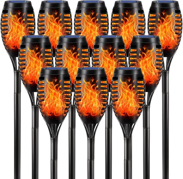 LQWELL Solarleuchten Solar Fackellicht für Außen Garten 12 Stück 12 LED Solarlampe mit Realistischer Flammeneffekt IP65 Wasserdicht Gartenfackeln Solar Weg Hinterhöfe Rasen Beleuchtung (12 Stück)