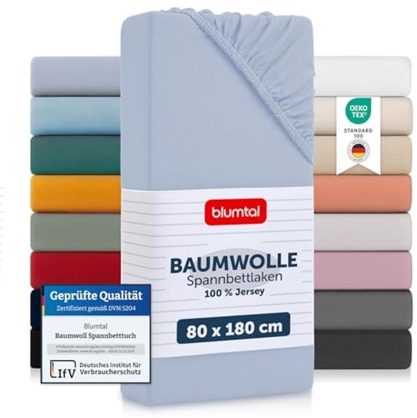 Blumtal® Baumwolle Spannbettlaken 80x160-180 cm Basics Jersey im 2er Set - Bettlaken 80x160 Kinder - OEKO-TEX zertifiziertes Spannbettlaken Beistellbett - Spannbettlaken Babybett - Hellblau