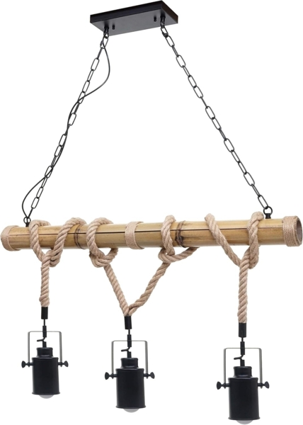 Pendelleuchte HWC-H82, Hängelampe Hängeleuchte, Industrial Vintage Bambus Seil Metall schwarz ~ 3x Spotlampenschirm