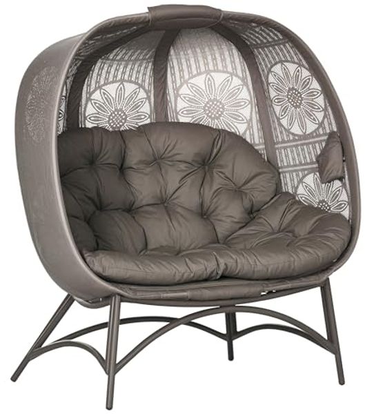 Outsunny Gartenstuhl Gartenstuhl 2-Sitzer, mit Faltbarem Korb, mit Kissen, Loungesessel (Papasansessel, 1 St), Für Balkon, Terrasse, Stahl, Sand, 126 x 75 x 142 cm