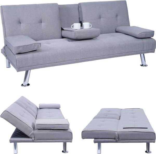 3er-Sofa HWC-F60, Couch Schlafsofa Gästebett, Tassenhalter verstellbar 97x166cm ~ Textil, hellgrau