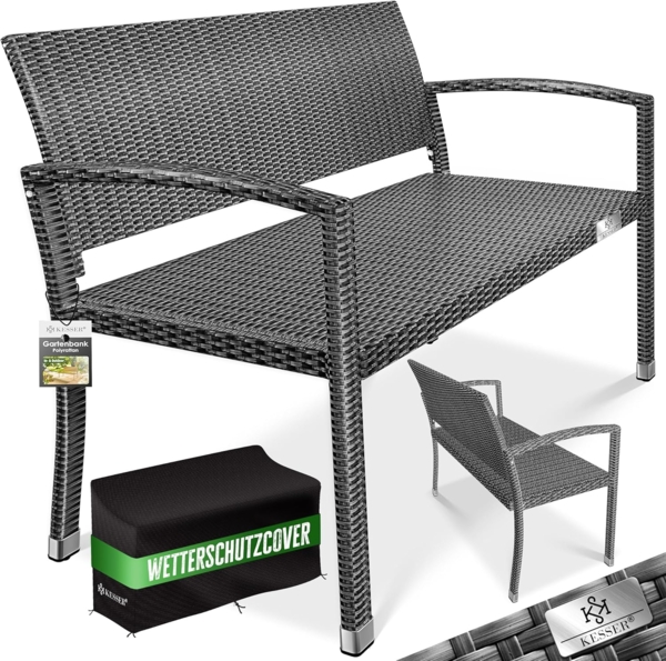 KESSER® Gartenbank Polyrattan 2-Sitzer Wetterfest | Rattan-Sitzbank UV-Beständig & bis 320kg belastbar | Balkon-Bank 125x62x90cm | Garten-Möbel mit ergonomischen Armlehnen | Für 2 Personen Anthrazit