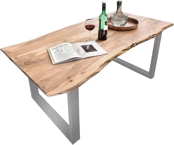Junado Baumkantentisch Quarto, Akazien-Holz massiv, naturfarben, Esszimmertisch mit silbernen Metallbeinen, 140x80 cm