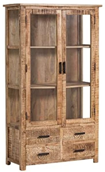 Vitrine Mumbai groß Mango massivum 100x180x42 cm Massivholz Vitrine mit Glastüren und Schubladen braun Wohnzimmer Esszimmerschrank