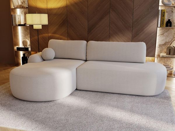 GrainGold Ecksofa mit Schlaffunktion und Bettkasten AURIO O - 271x177 cm, Creme, Wellenfedern, T30-Schaum, Bouclé