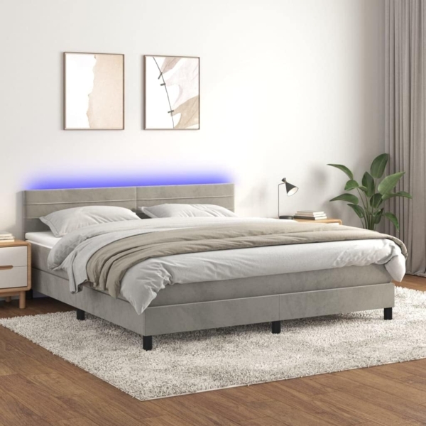 vidaXL Boxspringbett mit Matratze & LED Hellgrau 160x200 cm Samt 3134471