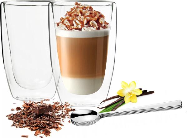 2 Doppelwandige Latte Macchiato Gläser 450ml mit 2 Edelstahl-Löffel Kaffegläser