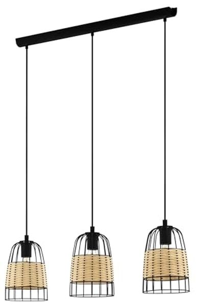 Eglo 43313 NATURE Hängeleuchte ANWICK Stahl schwarz, Rattan natur E27 3X40W L:88cm B:18cm H:110cm dimmbar