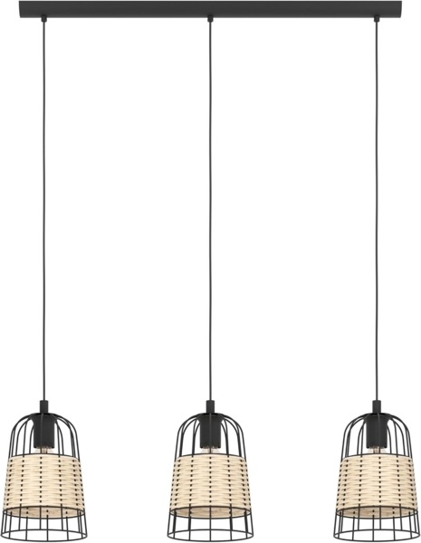 Eglo 43313 NATURE Hängeleuchte ANWICK Stahl schwarz, Rattan natur E27 3X40W L:88cm B:18cm H:110cm dimmbar