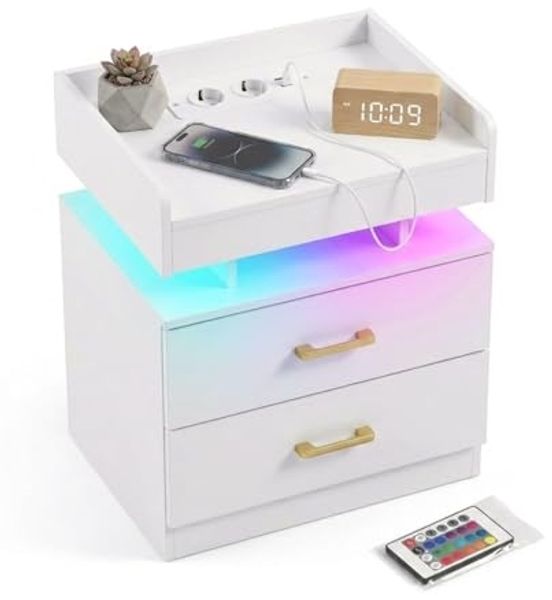 FurnitureR LED Nachttisch, 45 x 35 x 52 cm, Hochglanz Weiß, 2 Schubladen, 16 Farben LED-Beleuchtung, 2 Ladestecker und 2 USB-Buchsen, für Schlafzimmer, Wohnzimmer, Arbeitszimmer