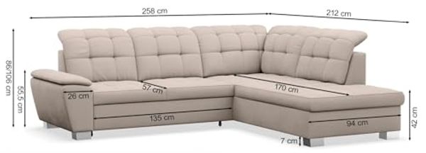 Selsey Couch 258x212 cm Ecksofa mit Schlaffunktion und Bettkasten, Modular Sectional Sofa, Stoff Verita Beige, Verstellbare Kopfstützen, Komfort & Stil für Wohnzimmer & Gäste Rechtse Seite Bild 2