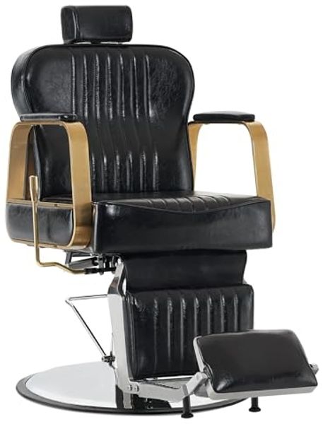 Barberpub Friseurstuhl Kippbar, Friseursessel mit Kopfstütze, 360° Drehbar & Höhenverstellbar, Friseureinrichtung Retro mit Hydraulikpumpe, Kunstleder, 9238(Schwarz)