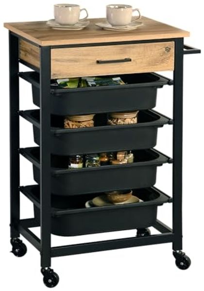 Kesper | Küchenwagen mit Schublade, 4 Kunststoffbehälter, Material: Metall, Bambus, Kunststoff (PP), Maße: 47 x 37 x 85 cm, Farbe: Sonoma Eiche-Dekor, Schwarz | 25532 13
