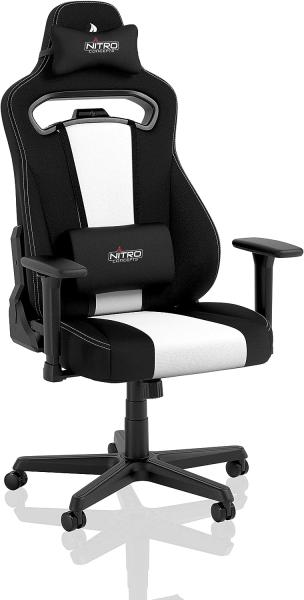 NITRO CONCEPTS E250 Gaming Stuhl - Bürostuhl Ergonomisch Schreibtischstuhl Zocker Stuhl Gaming Sessel Drehstuhl mit Rollen Stoffbezug Belastbarkeit 125 Kilogramm Schwarz/Weiß