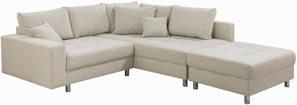 riess-ambiente Ecksofa KENT 220cm beige/chrom – Strukturstoff, L-Form, Modern, inkl. Kissen, Einzelartikel 1 Teile, Wohnlandschaft mit Federkern & Hocker – ideal für flexible Wohnzimmer