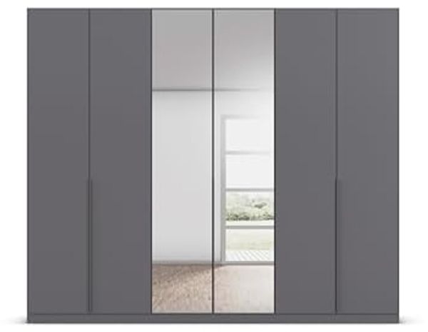 Rauch Möbel Alabama, Kleiderschrank, Garderobe, 6-türig, Spiegel, Zubehör Premium, 3 Kleiderstangen, 6 Einlegeböden, Schubladeneinsatz, Farbe Grau metallic, Schwarz, Griff Grau metallic, 271 x 210 x 54 cm Bild 6
