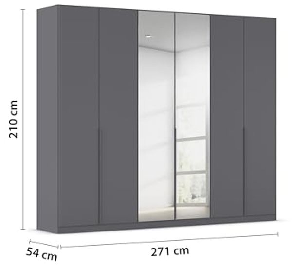 Rauch Möbel Alabama, Kleiderschrank, Garderobe, 6-türig, Spiegel, Zubehör Premium, 3 Kleiderstangen, 6 Einlegeböden, Schubladeneinsatz, Farbe Grau metallic, Schwarz, Griff Grau metallic, 271 x 210 x 54 cm Bild 3