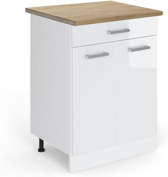 Vicco Küchenunterschrank R-Line, Weiß Hochglanz/Weiß, 60 cm mit Schublade, AP Eiche
