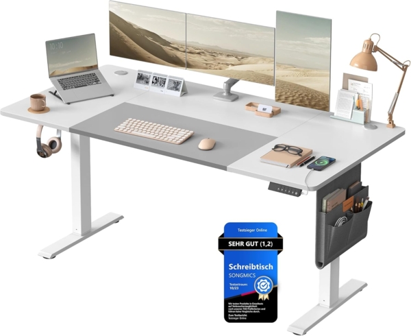 SONGMICS Schreibtisch, elektrisch höhenverstellbar 72-120 cm, mit Memory-Funktion, Weiß-Taubengrau, 72 x 70 x 160 cm