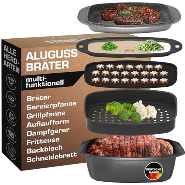 STONELINE Bräter, Aluminiumguss (Set, 5-tlg, 1x Aluguss Bräter, 1x Aluguss Deckel, 1x Glasdeckel/Schneidunterlage), Multifunktional – braten, backen, grillen, dämpfen, schmoren u.v.m.