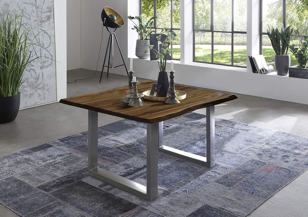 SAM Esszimmertisch 80x80 cm Quintus, echte Baumkante, Baumkantentisch nussbaumfarben, massiver Esstisch aus Akazienholz, U-Metallgestell Silber